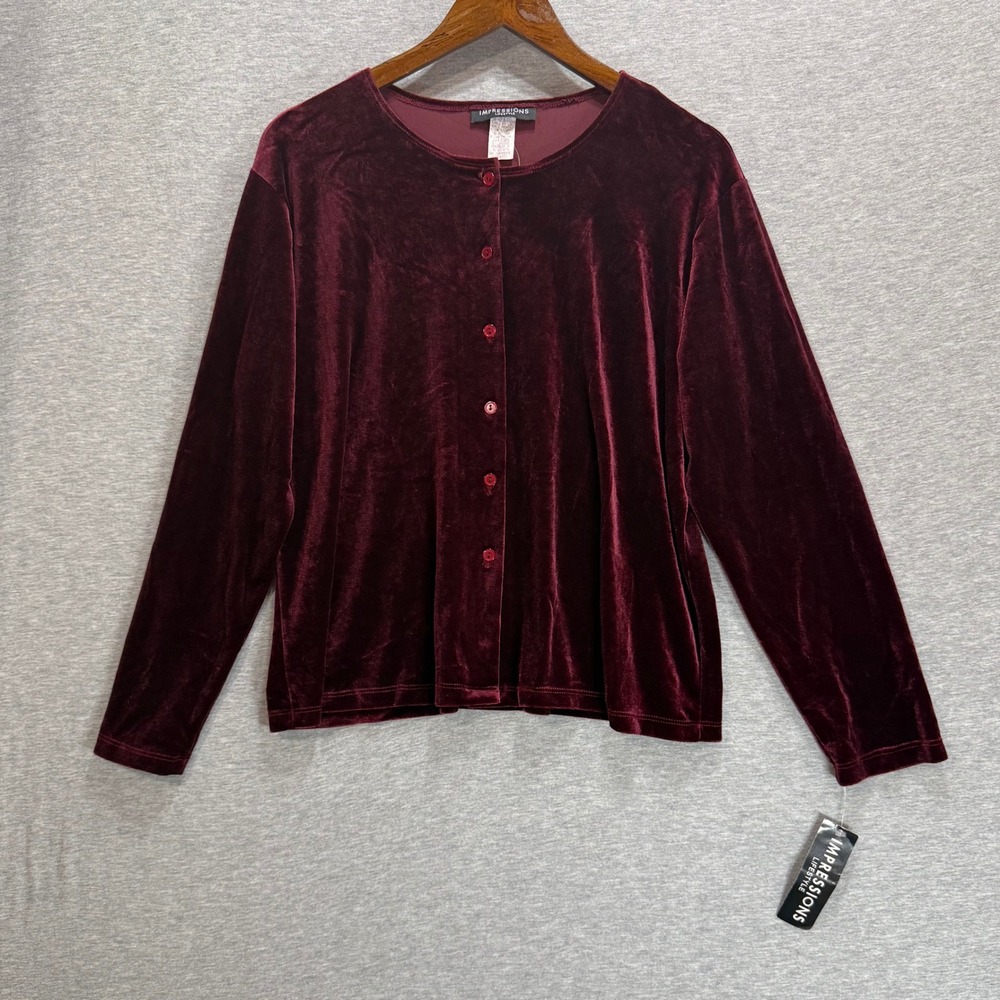 Impressions Velvet Cardigan Women XL Burgundy Button Front Holiday Whimsigoth